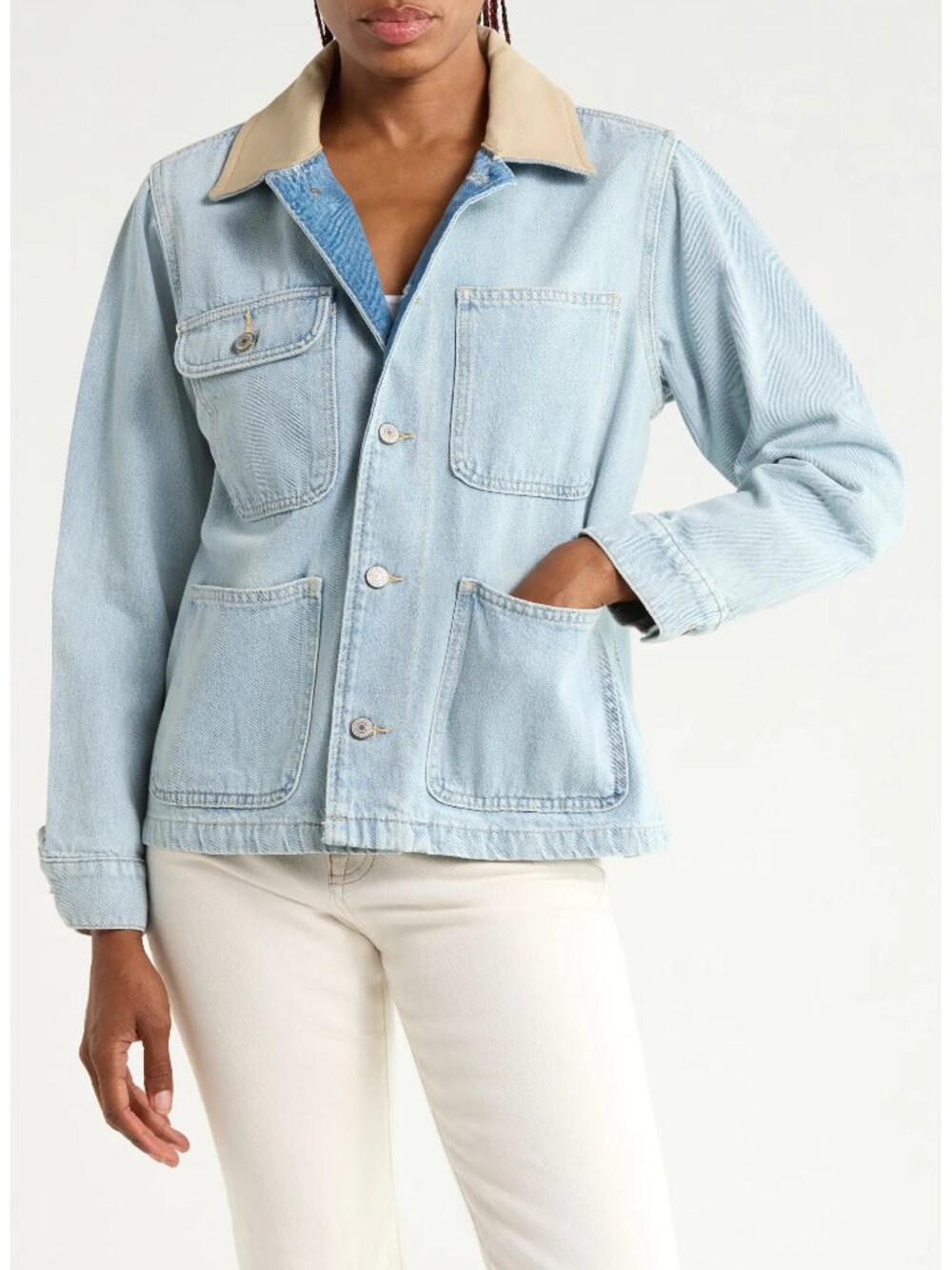 LUCKY BRAND Canvas Collar Denim Barn Jacket Light Blue Beige Coat Button
